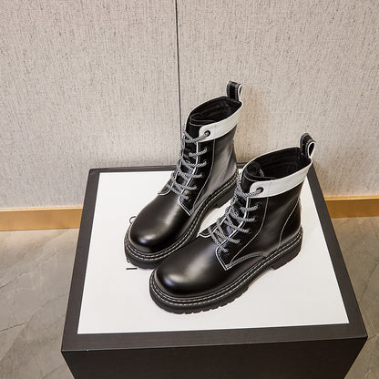 2025 autumn new white lace-up short boots thick-soled round-headed women's boots spring and autumn single boots Martin boots summer thin