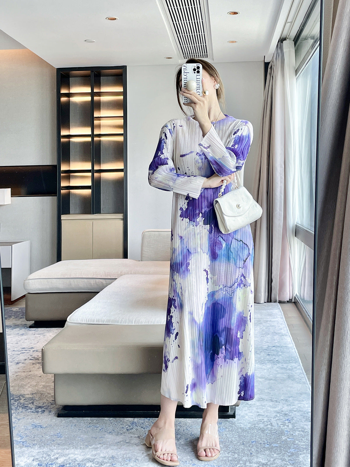 Miyake  autumn new ink abstract printing retro pleated dress femininity elegant and thin dress