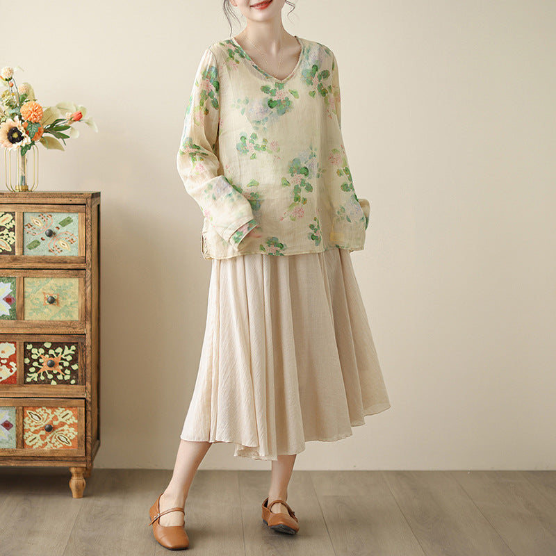 Cotton and linen printed V-neck burr top women's short literary Zen shirt summer tea clothing temperament cold wind shirt women