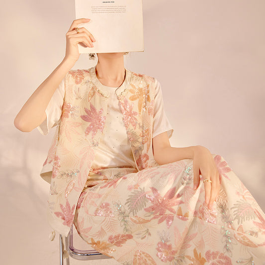 national style temperament heavy industry embroidery pink new Chinese tassel sequined vest skirt two-piece set female N3068