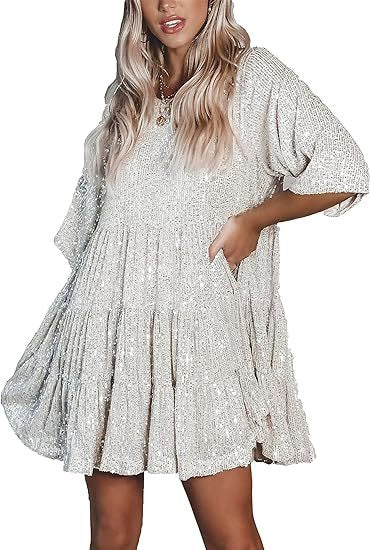 FLOWERSVERSE 2025 new sequined shiny round neck short-sleeved A-shaped loose and elegant waist party concert dress