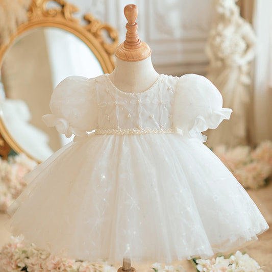 flowersverse One Year Old Celebration Dress Baby Girl High-End Girl Zhuazhou White Princess Dress Little Girl Birthday Host Dress Summer