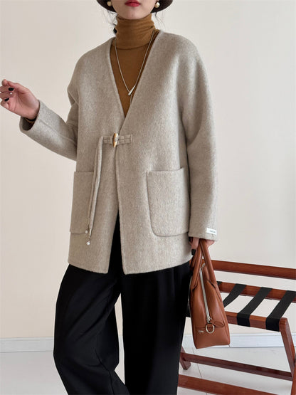 2025 Solid color V-neck lace-up horn buckle, national style double-sided wool woolen jacket, premium women's casual jacket to keep warm in autumn and winter