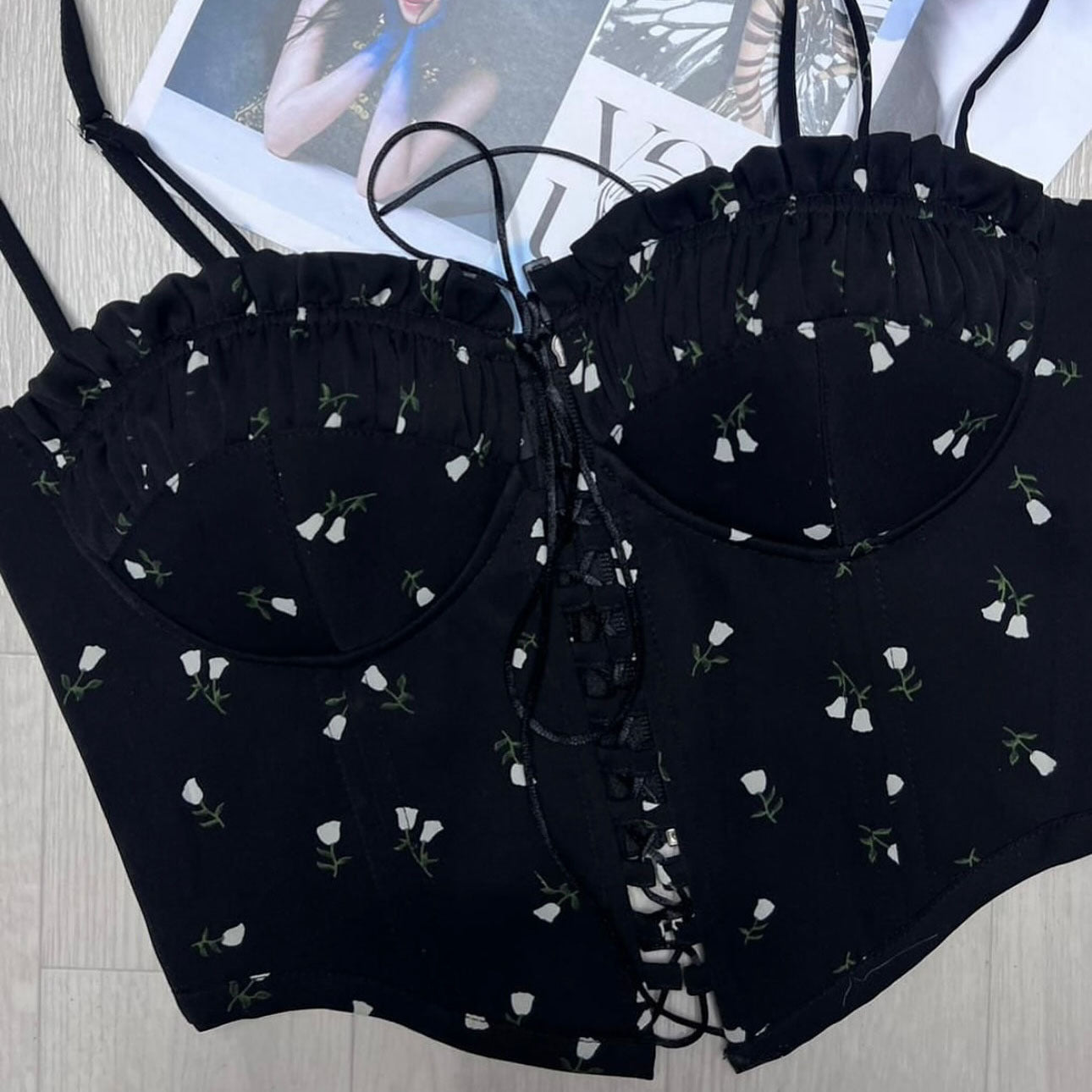 celebrities style floral lace-up bra spring new tube top suspender slim spice girls sleeveless vest women wholesale