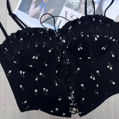 celebrities style floral lace-up bra spring new tube top suspender slim spice girls sleeveless vest women wholesale