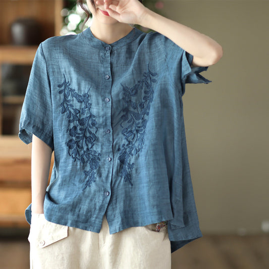 Retro literary and artistic embroidered cotton and linen shirt summer  new temperament loose shirt casual top women