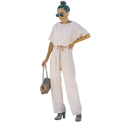 flowersverse HOTan and NEWn Women's Clothing High Waist Wide Leg Pants for Women Summer New Solid Color Pullover round Neck Short Sleeve Lace-up Jumpsuit for Women