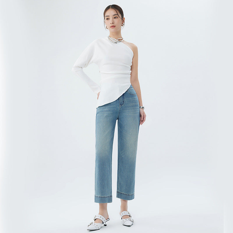 2025 Spring popular new women's clothing high-waisted nine-point jeans micro-elastic comfortable and stylish exquisite large straight nine-point pants