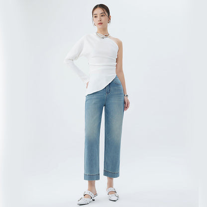 2025 Spring popular new women's clothing high-waisted nine-point jeans micro-elastic comfortable and stylish exquisite large straight nine-point pants