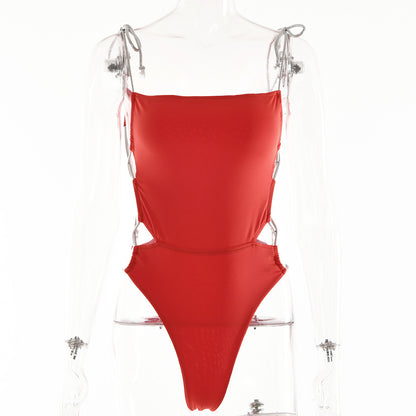 2025 solid color suspender one-piece swimsuit summer female sexy babes hollow backless low-cut slim one-piece swimsuit