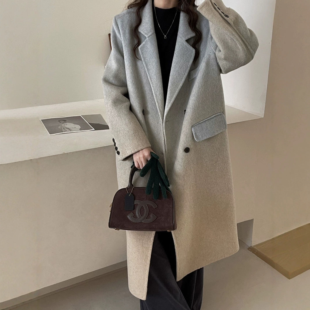 2025 Suit collar double-breasted two-color gradual change extended double-sided wool woolen coat women's versatile warm autumn and winter Haining