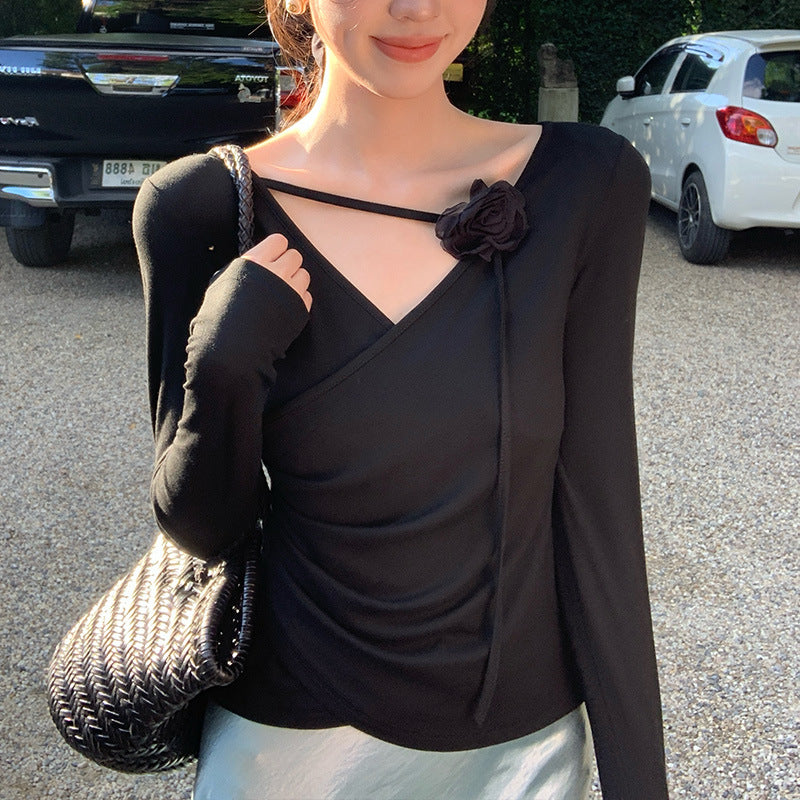 2025 Spring New Temperament Elegant Flower Bottom Knitted Sweater Skinny Long Sleeve Top Women's 89210