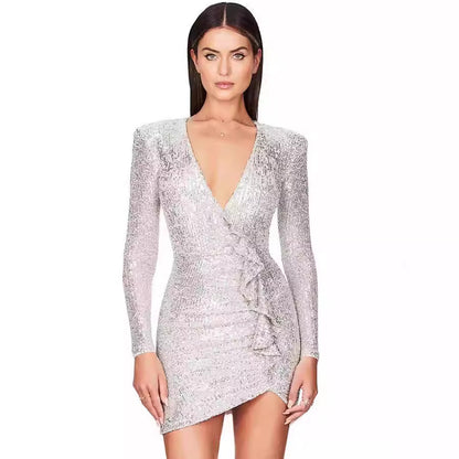 FLOWERSVERSE 2025New New Sequin Mini Wrap Dress Women's V-Neck Long Sleeve Bubble Sleeve Glitter Wrap Party Outfit