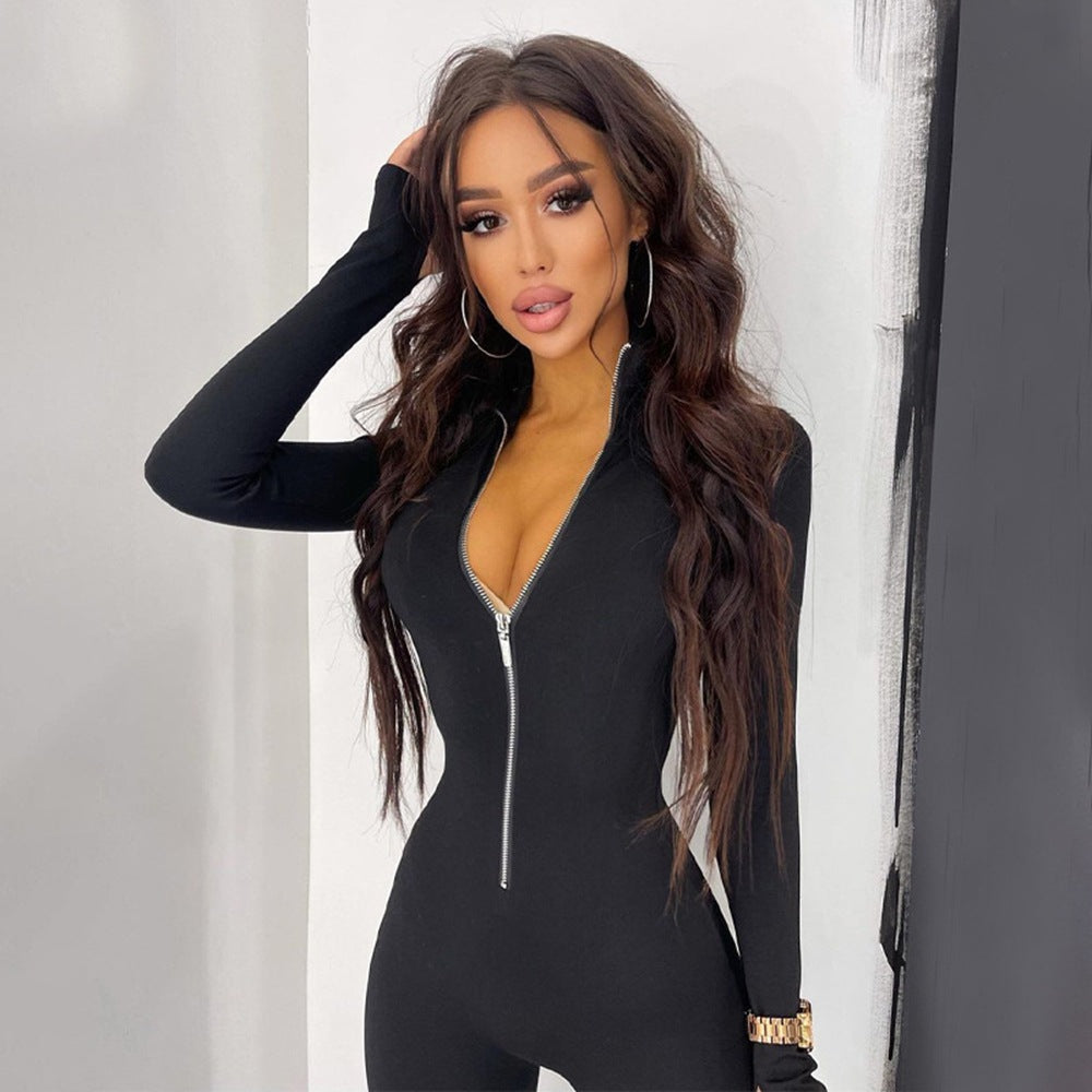 New women's clothing, popular long-sleeved autumn and winter jumpsuits, long metal zipper slim-fit sports jumpsuit pants