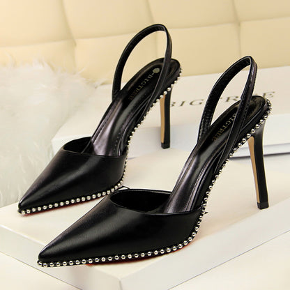 2025 313-2  style sexy nightclub showing thin high heel suede light mouth hollowed out rear tripple rivet pointed women's sandals