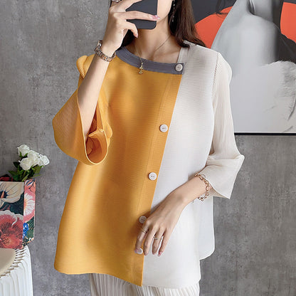 Miyake splicing large size  spring clothing new women's clothing loose color matching short T-shirt square neck pleated top women