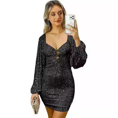 FLOWERSVERSE 2025New   autumn new 2025 beads sexy long-sleeved deep V retro sequins medium and long dress