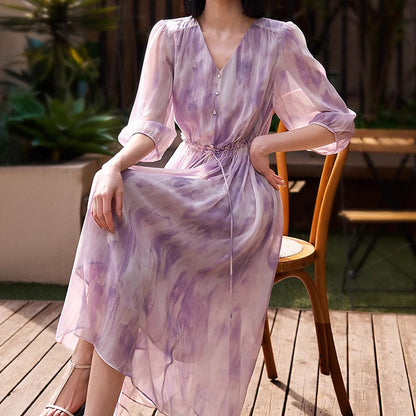 2025 Xiaoxian purple dress, smudge gradual change purple 100% mulberry silk waist printing dress  summer new women's clothing
