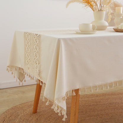 2025 Lexuanxiu New tablecloth wholesale cotton and linen thickened hollow phoenix tail splicing simple ins log wind picnic tablecloth