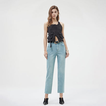 2025 popular spring new high-waisted thin pipe pants four-sided elastic straight jeans high-end elastic denim nine-point pants