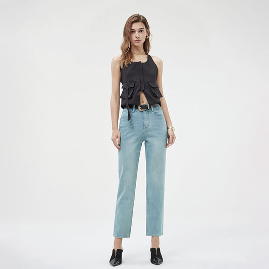 2025 popular spring new high-waisted thin pipe pants four-sided elastic straight jeans high-end elastic denim nine-point pants