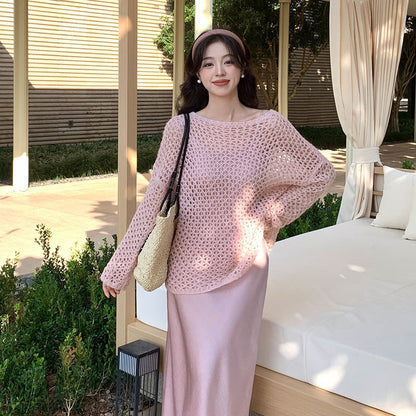 2025 spring loose long-sleeved hollow mohair knitted sweater top oversize sweater 25153