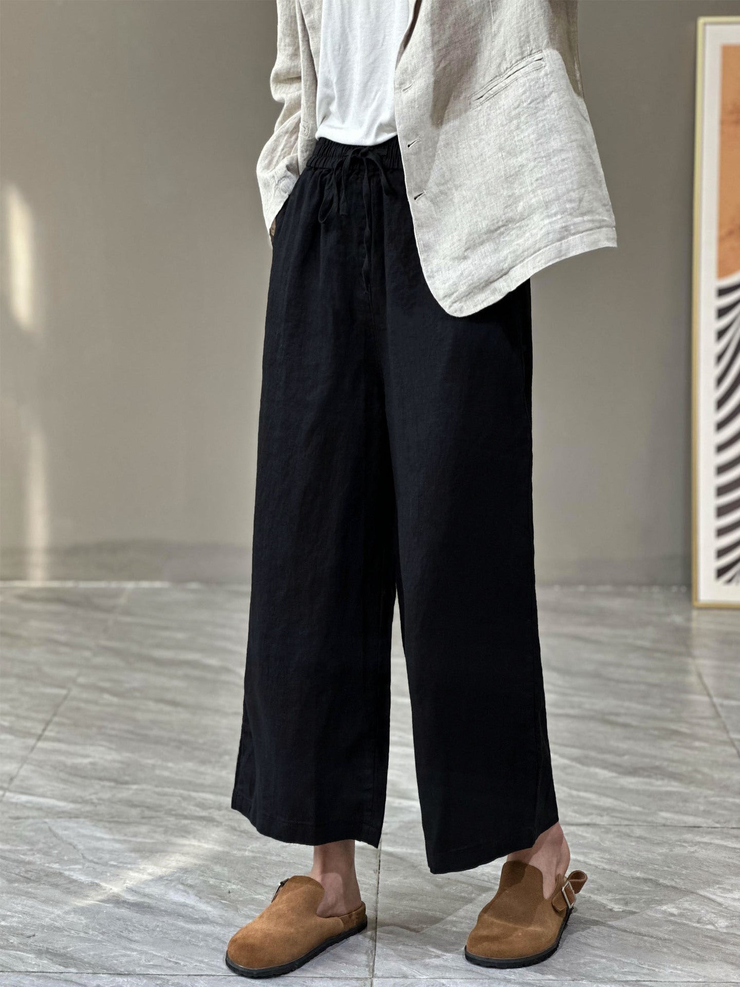 flowersverse Jianmeng Youyou Linen Wide-Leg Pants  Spring New Style Inner Edge Casual Pants for Women Elastic Waist Pants 8826