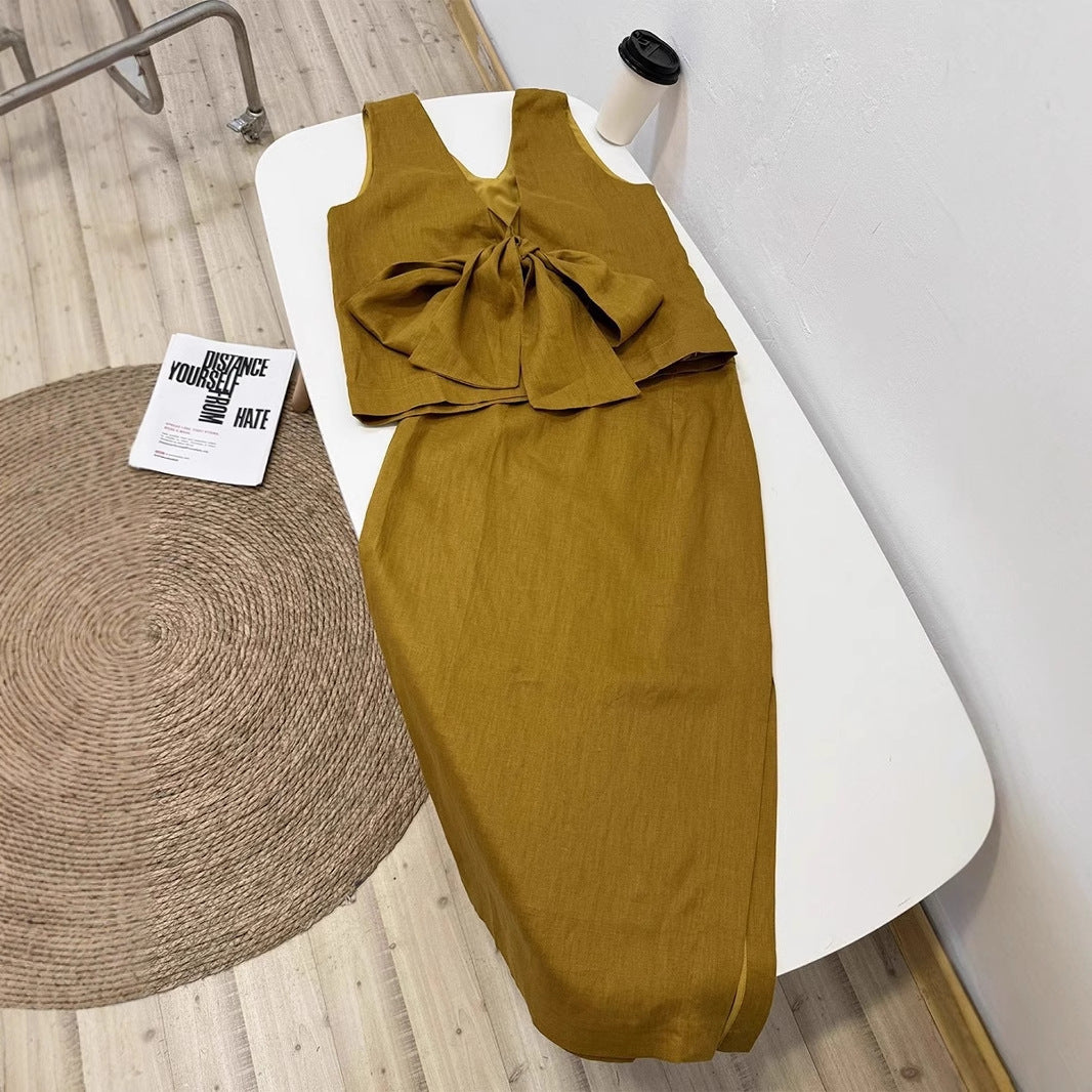 2025 Turmeric linen design back V-neck bow strap-on sleeveless vest top skirt set summer
