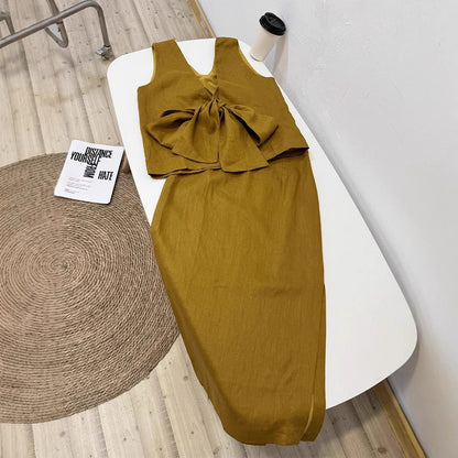 2025 Turmeric linen design back V-neck bow strap-on sleeveless vest top skirt set summer