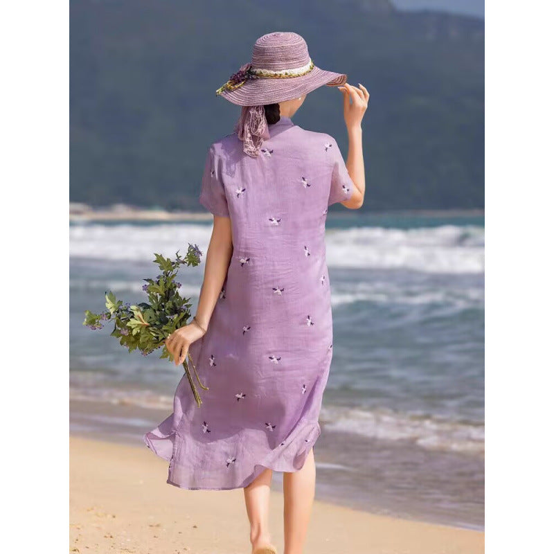 summer new cheongsam Chinese literary and retro embroidered purple cotton and linen dress temperament stand-up collar tea clothes women