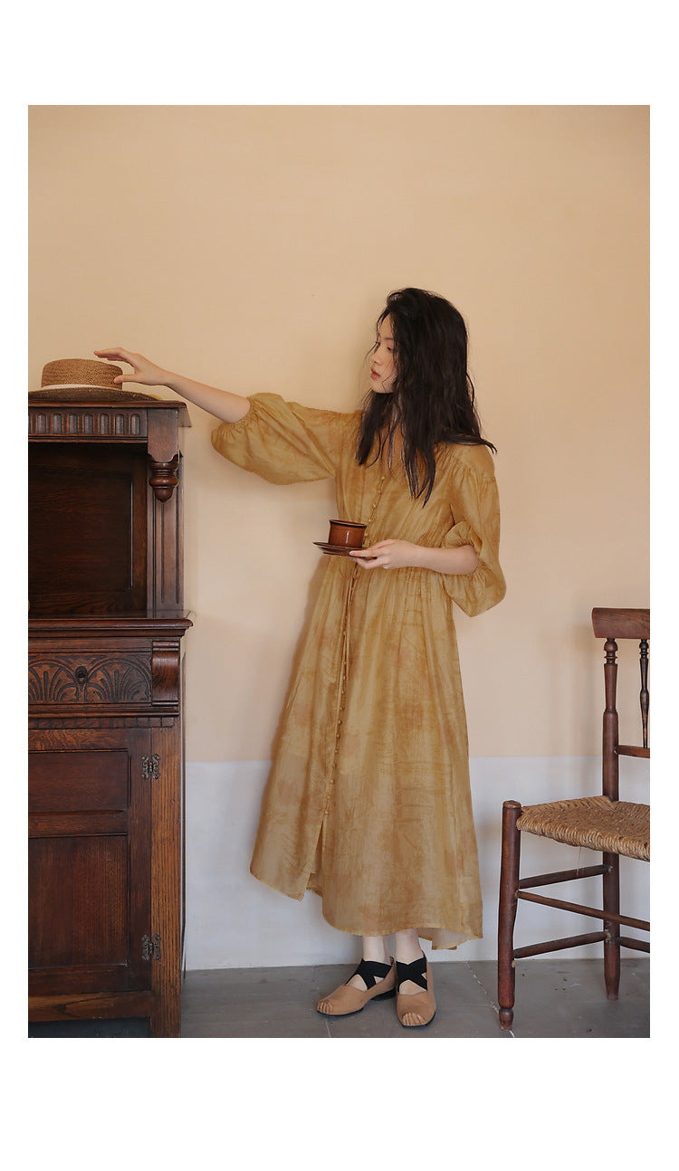 popular spring and summer women's clothing  lazy ramie digital printing dress women's yellow thin dress 230247