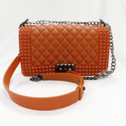 FLOWERSVERSE   New Ladies Fashionable Stylish Decorative Rivets One Shoulder Crossbody Gun Color Chain PVC Gel Bag