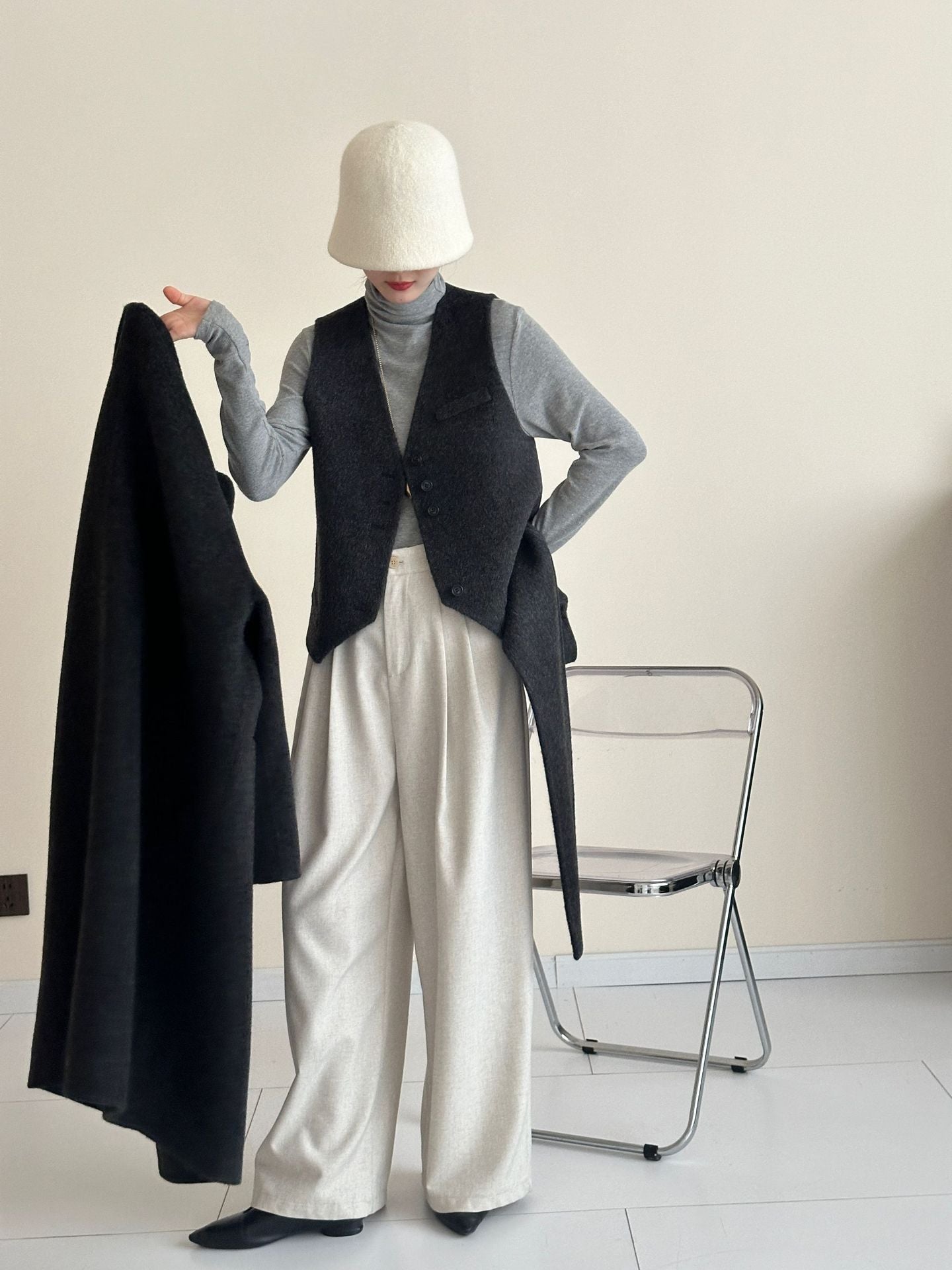 2025 Yak velvet mulberry silk wool single-row multi-button scarf, shoulder-length sleeves, double-sided woolen cashmere coat, no vest.