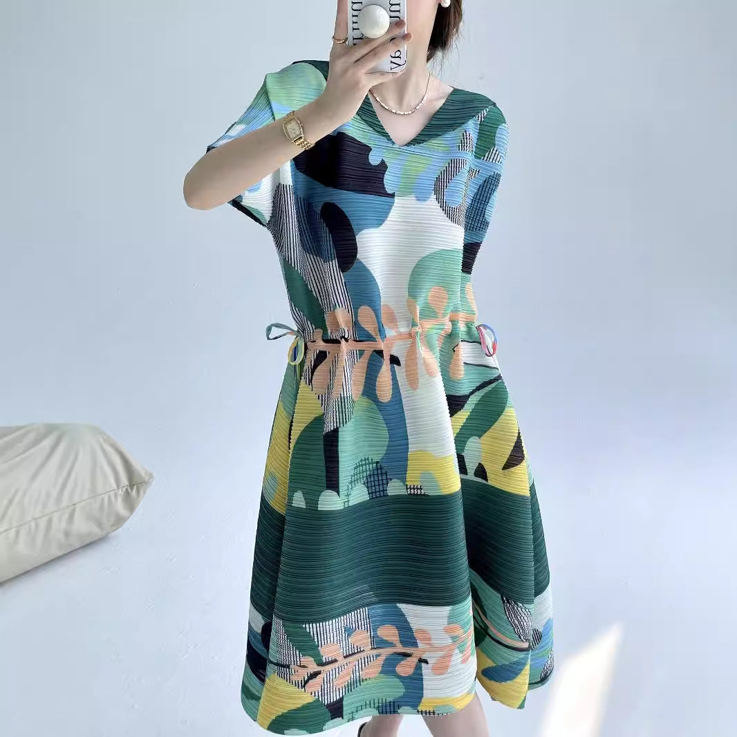 Miyake summer new fashion retro printing loose v-neck pleated dress femininity drawstring waist skirt