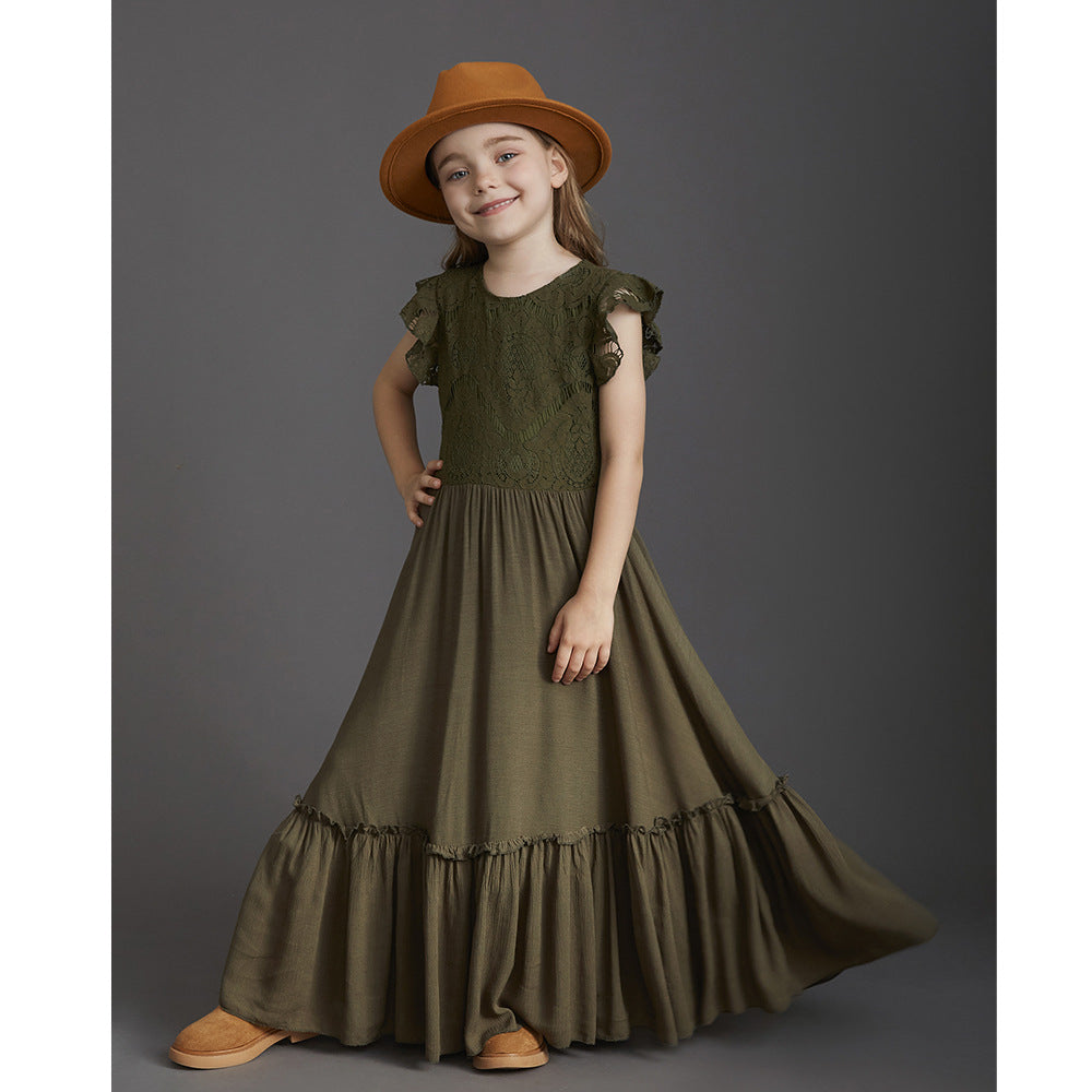 flowersverse New Children's Clothing Girls' Dress Children's Wedding Lace Long Dress Middle and Big Children Host Costume for Piano Performance