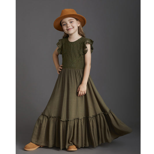 flowersverse New Children's Clothing Girls' Dress Children's Wedding Lace Long Dress Middle and Big Children Host Costume for Piano Performance