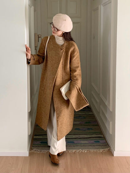 2025 Scarf collar, solid color horn buckle, one buckle, extended double-sided wool coat, woolen coat, women's warm autumn and winter