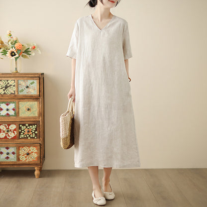 spring and summer new cotton and linen temperament V-neck loose and thin versatile commuter dress large size robe casual women