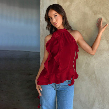 Pure desire 2025n Spice Girl streamer three-dimensional rose sleeveless neck vest women's summer chiffon ruffle edge design sense