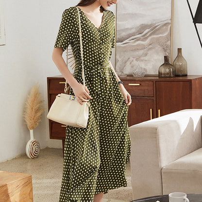 2025 Big pendulum silk skirt temperament fashion women's clothing  summer new mulberry silk medium and long  polka dot dress