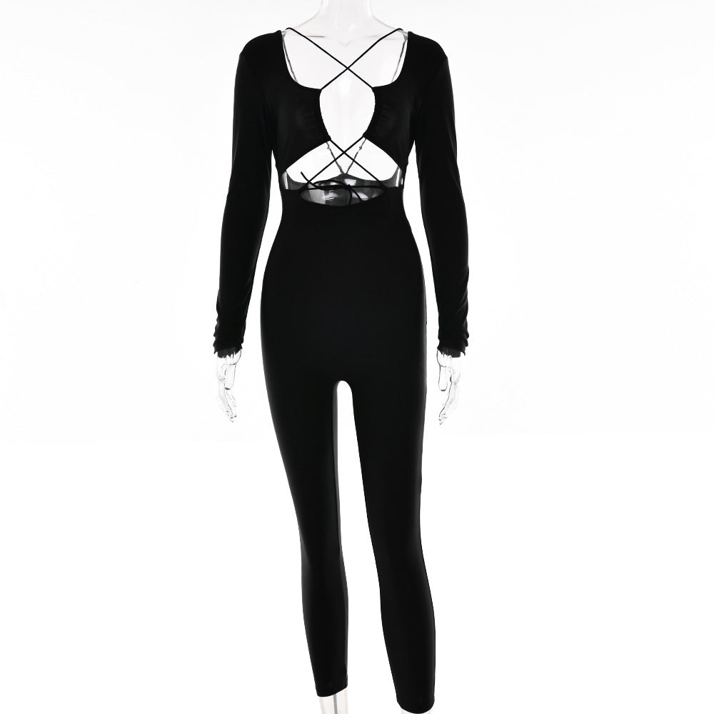 2025 New women's clothing sexy tight jumpsuit autumn new fashion strap backless long-sleeved jumpsuit