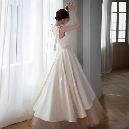 2025 White evening dress  new license registration engagement dress banquet host  suspender dress spring