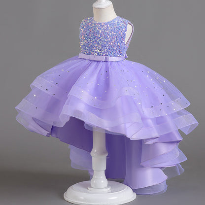 flowersverse Cross-Border Hot Selling Girls' Dress Princess Dress European and American Flower Girl Puffy Veil Tailing Dress Catwalk Costume for Piano Performance