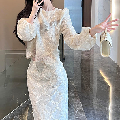 2025 early spring  celebrity heavy industry sequined small fragrant lace top skirt two-piece set