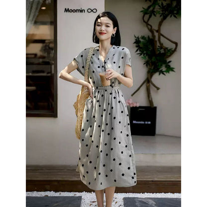 summer new art retro lightness medium and long V-neck lace-up waist polka dot cotton and linen dress, women
