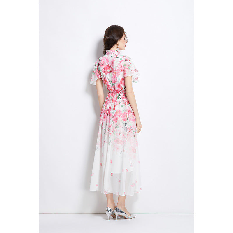 holiday style dress women's  pearl breasted waist thin temperament printed chiffon dress