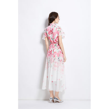 holiday style dress women's  pearl breasted waist thin temperament printed chiffon dress