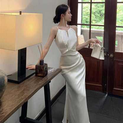 2025 High-end banquet fishtail evening dress women's light luxury niche engagement certificate host white neck suspender dress