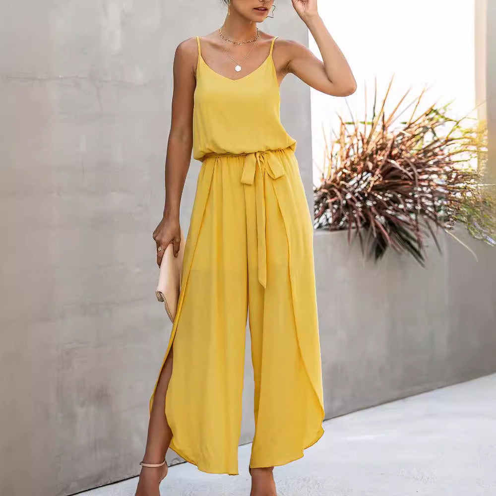 FLOWERSVERSE  New  Summer Fashion V-neck Strap Wide Leg Side Slit Women's Jumpsuit 600237