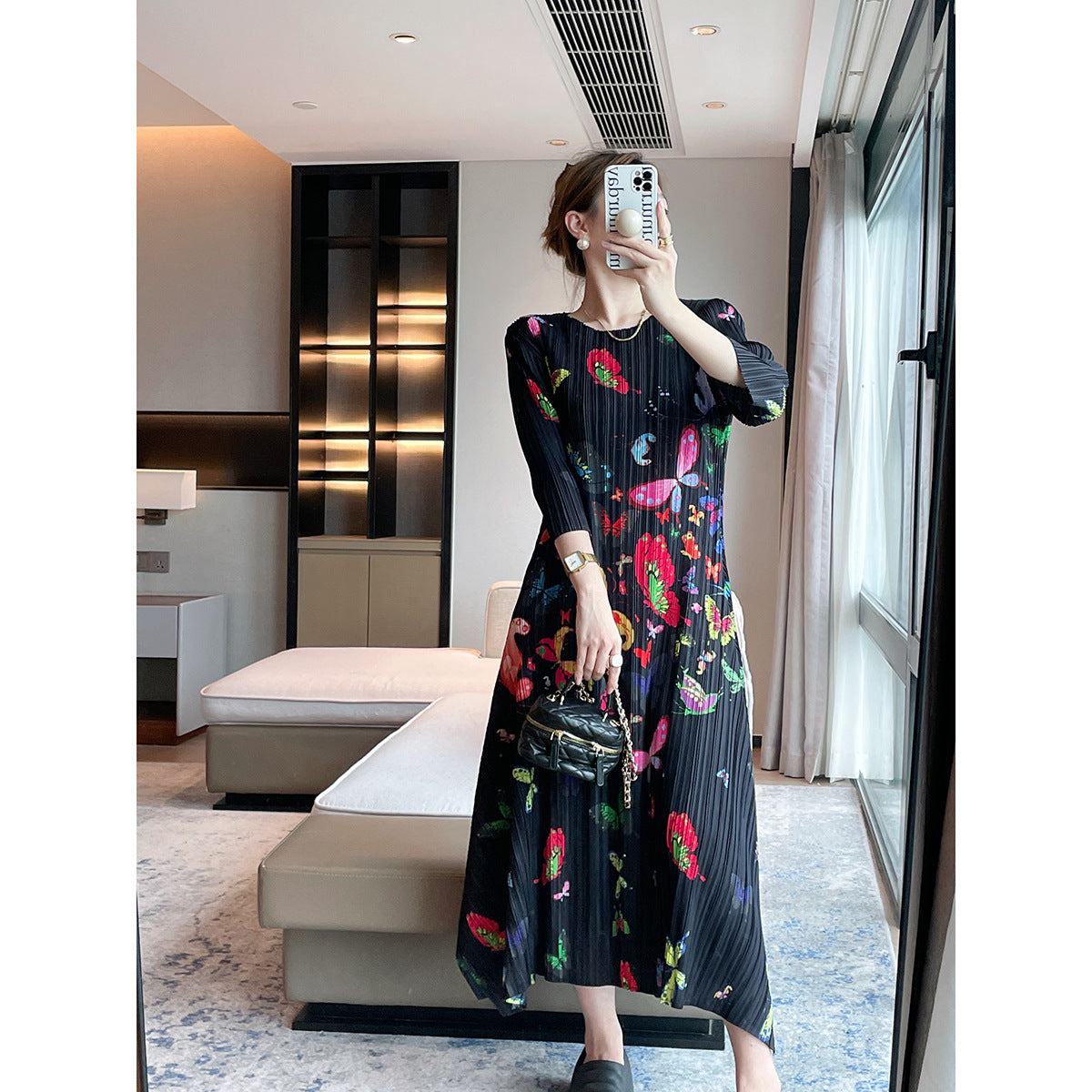Miyake  autumn new  printing slim pleated dress light luxury elegant celebrity temperament long dress